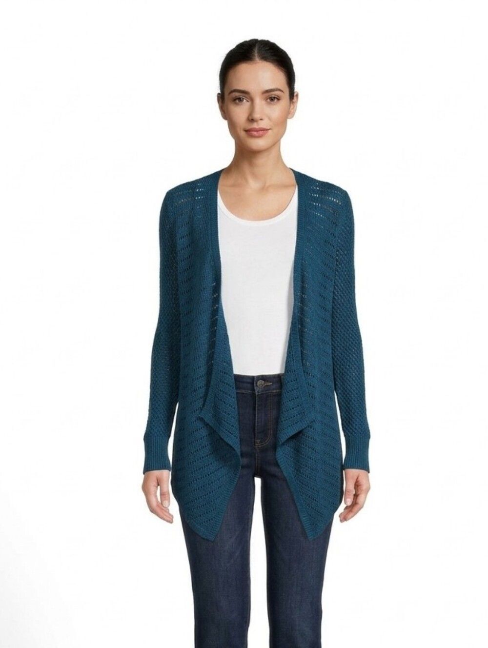American Eagle Teal Blue Open Knit Waterfall Drape Front Cardigan Sweater Small